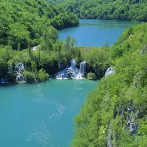 Plitvice Lakes lower canyon with waterfalls and turqoise coloured lakes seen from above Plitvice Lakes National Park, Croatia