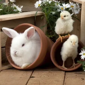RABBIT & CHICK - Mini Ivory Satin Rabbit - sitting in flower pot with chicks