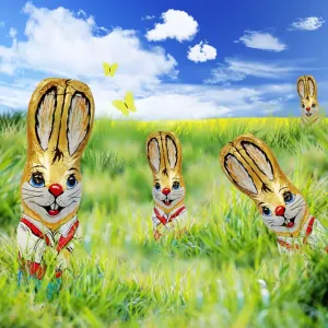 Rabbit - foil covererd chocolate easter rabbit in meadow scene Digital Manipulation: Grass from FEU-241. Rabbit (Su). Sky, yellow field, butterflies all created