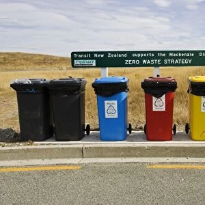 Recycling - colourful recycling bins at visitor centre near Lake Pukaki Mackenzie District New Zealand where the District Council supports a zero waste strategy