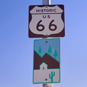 Route 66 sign - road sign of historic Route 66 in Seligman - Arizona, USA