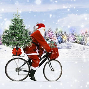 Santa Claus riding a bicycle through the snow with a Christmas tree
