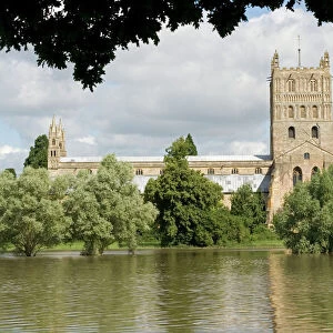 Tewkesbury Abbey inundated by unprecedented flooding of the Rivers Severn and Avon July 2007 Gloucestershire UK
