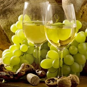 Wine Glasses - with white wine and grapes
