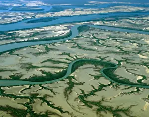 Aerial - Limmen Bight River, near the mouth with mangrove lined shores, Gulf of Carpentaria, Northern Territory, Australia JPF48271