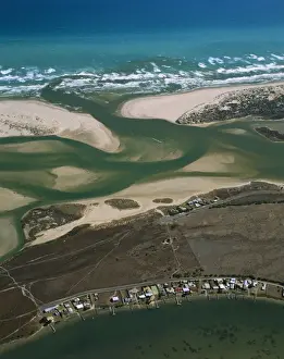 Aerial - Murray River mouth & Hindmarsh island, with Younghusband Pneinsula & Sir Richard Peninsula South Australia JPF49658