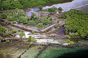 Aerial - Nan Douwas - walls 8 metres high of basalt columns Nan Madol fortress (c. 1200 AD) Pohnpei - Micronesia JLR04335