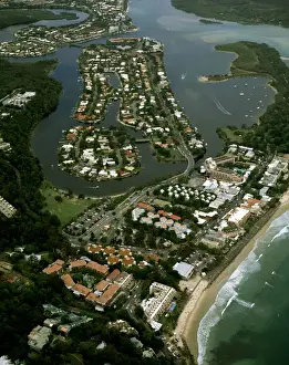 Aerial - Noosa: Heads, main beach & Sound - Sunshine Coast, Queensland, Australia JPF48317
