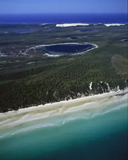 Aerial of Platypus Bay with lakes and lagoons, Great Sandy National Park, Fraser Island, Queensland, Australia JPF33763