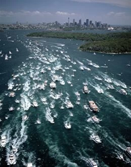 Harbour Collection: Aerial - Sydney to Hobart yacht race sailing out of Sydney Harbour - Australia JPF52403