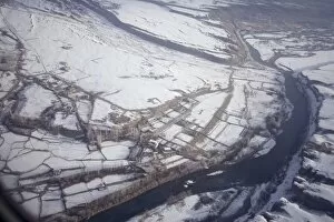 Aerial winter view of the Indus and villages
