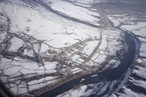 Aerial winter view of the Indus and villages. Ladakh J&K India