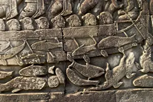 Carvings Prints: Angkor Bayon bas-reliefs Fish and crocodile cham warship - Cambodia