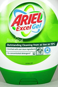 Plastic Collection: Ariel low temperature washing powder gel - Close up of plastic bottle UK