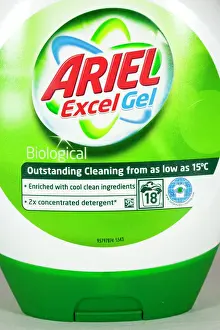 Energy Prints: Ariel low temperature washing powder gel - Close up of plastic bottle UK