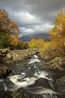 Cumbria Prints: Ashness Bridge in autumn looking towards Derwent Water and the mountains of Skiddaw - Lake District - England