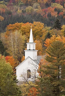 Autumn landscape with church, Vermont, USA
