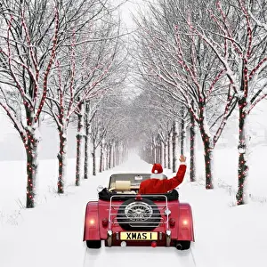 Avenue of Trees - with Father Christmas driving through - in snow - winter. Digital Manipulation: Car (JD) - Santa (Su) - added lights