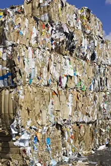 Docks Prints: Bales of waste paper and cardboard cartons stacked and awaiting recycling near Bilbao docks Spain