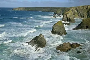 Sea Stacks Prints: Bedruthan Steps overview over rugged coastline and sea stacks Cornwall, England, UK