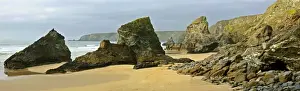 Sea Stacks Prints: Bedruthan Steps rugged coastline with sea stacks Cornwall, England, UK