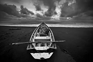 Guatemala Prints: Boat. Monterico Beach - Pacific Ocean - Guatemala. Black & White