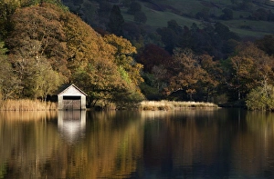 Boathouse reflections in late evening light on Rydal Water - October Boathouse reflections in late evening light on Rydal Water - October