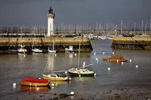 Boats Prints: Boats in harbour with lighthouse. Quiberon port Haliguen - Brittany - France