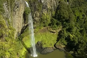 Bridal Veil Falls - water rushes in a thin jet down a steep ledge into a large pool surrounded by lush temperate