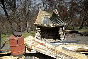 Bush Fire Prints: Burnt out Buckwong Hut JLR 46 Bush fire aftermath Near Mont Murphy - Alpine National Park