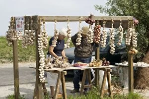 Brittany Gallery: Buying garlic and onions roadside stall