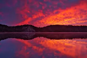 Reflected Prints: Canada, Ontario, Capreol. Clouds reflected in Vermilion River at sunrise. Date: 02-10-2012