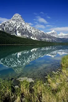 Canada - upper Waterfowl Lake reflecting Mount Chephren, Summer. Canadian Rockies, Banff National Park, Alberta. S1578