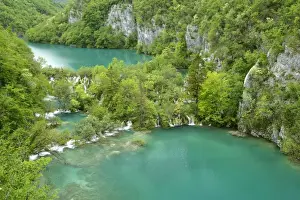 Canyon lower lakes area and cascades from above Plitvice Lakes National Park, Croatia