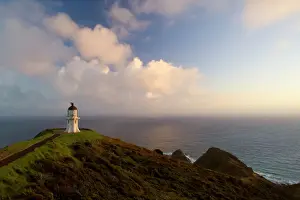 Buildings Prints: Cape Reinga northernmost tip of New Zealand with Cape Reinga Lighthouse in first morning light Northland