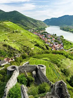 Village Prints: Castle ruin Hinterhaus. Historic village Spitz located in wine-growing area