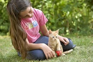 Cat - kitten playing with young girl