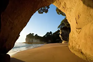 New Zealand Prints: Cathedral Cove beach at Cathedral Cove seen through a natural rock arch in early morning light Cathedral Cove