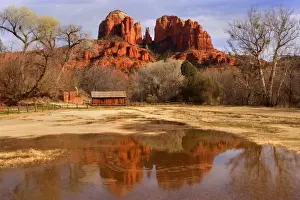 Cathedral Rock - view of the west face of Cathedral Rock across Oak Creek. Spring melt had caused Oak Creek to flood over and created a huge pool in which Cathedral Rock casts a perfect reflection