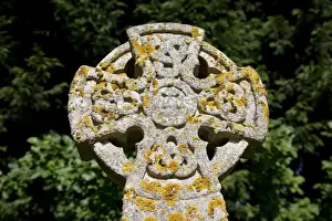 Carvings Prints: Celtic Cross - covered in lichens Church of St Mary Magdalene Boddington Gloucestershire UK
