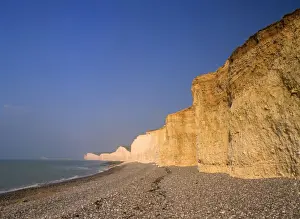 Chalk Prints: Chalk cliffs coastline with beach and chalk cliffs of the Seven Sisters seen from Birling Gap Birling Gap