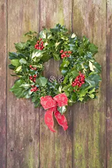 Doors Prints: Christmas Wreath on old wooden door