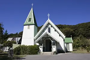 Churches Prints: Chruch - St Patrick's white and green timber catholic church. Akaroa - New Zealand