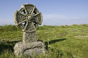 Images Dated 19th September 2008: Churchyard - old celtic cross covered in lichens. Tintagel North Cornwall Coast UK