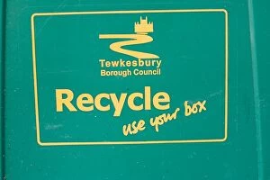 Images Dated 29th July 2006: Close up of green recycle bin Cotswolds UK. Supplied with Tewkesbury Borough Council logo