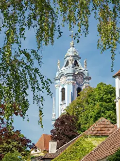 Historic Prints: The collegiate church. Historic town Durnstein located in wine-growing area
