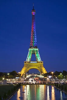 Images Dated 19th March 2014: Colorful light display on the Eiffel Tower