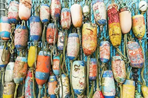 Trap Collection: Coos Bay, Oregon, USA. Colorful crab trap floats on the Oregon coast. Date: 02-05-2021