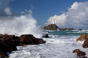 Waves Gallery: Corbiere Lighthouse - showing tide over causeway