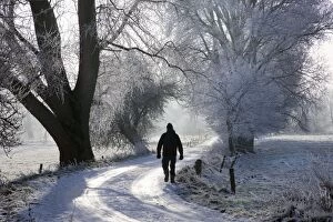 Country Lane landscape in winter with walker